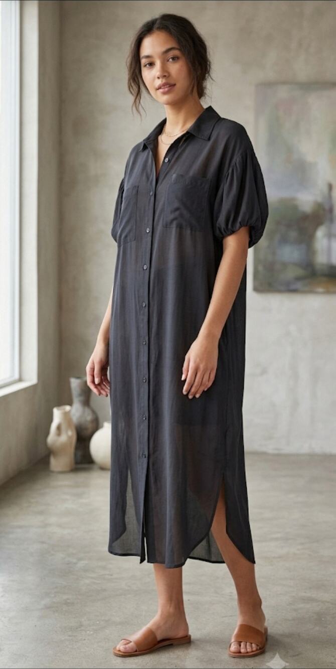 All:Row Black Button Up Midi Shirt Dress Large